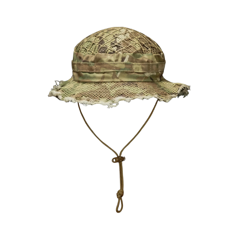 A Carcajou camouflage boonie hat with a frayed, distressed brim and an attached brown rope chin strap.