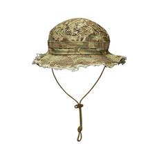 A Carcajou camouflage boonie hat with a frayed, distressed brim and an attached brown rope chin strap.