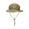 A Carcajou camouflage boonie hat with a frayed, distressed brim and an attached brown rope chin strap.